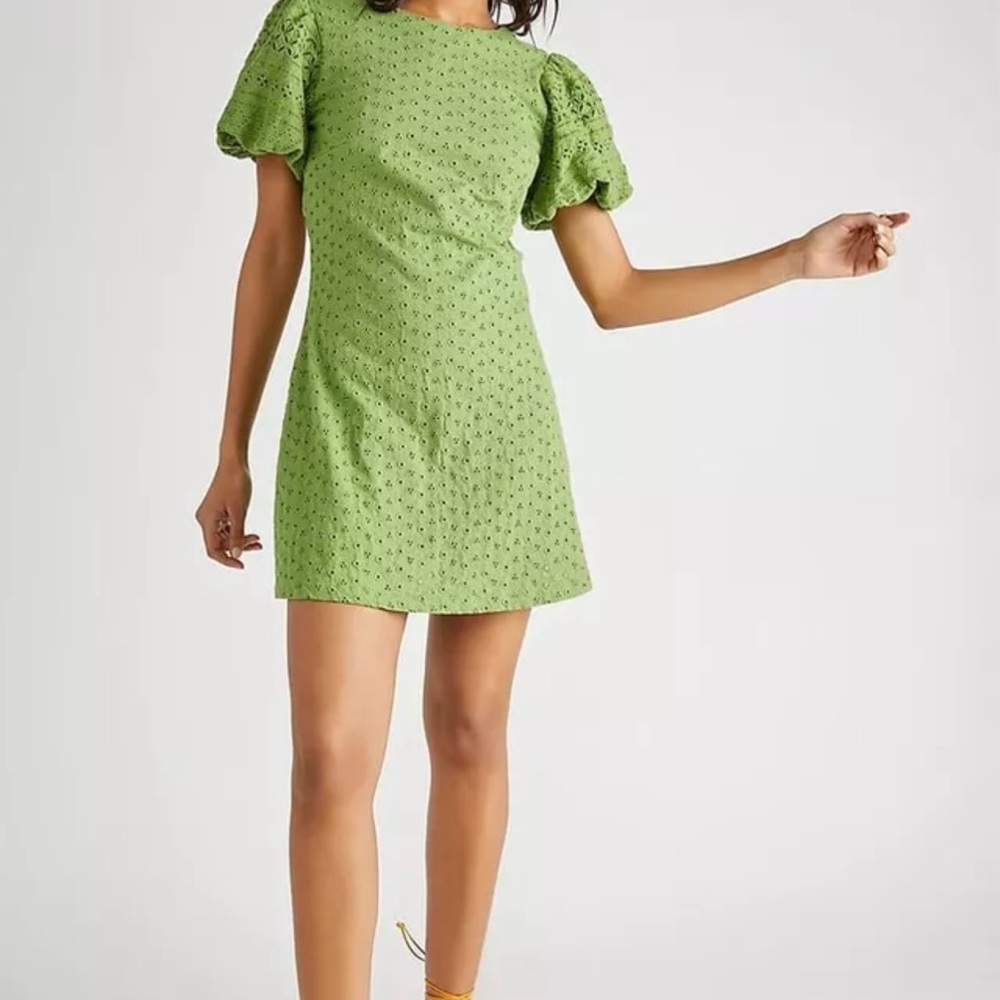 Free People Green Eyelet Puff Sleeve Mini Dress